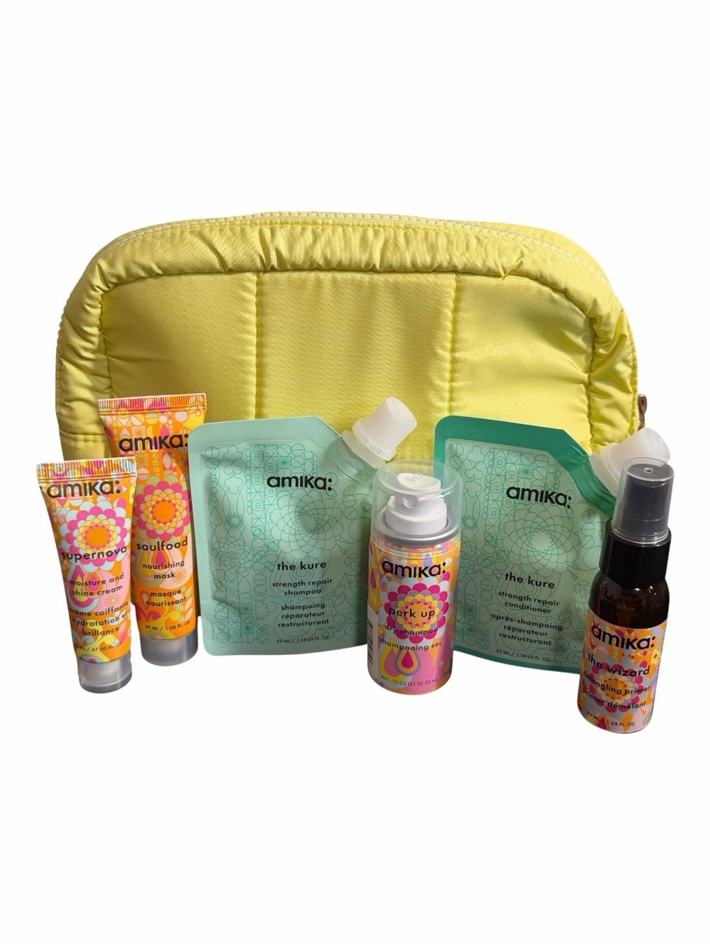 amika Deluxe Travel Hair Care Set . Comes With Sephora Yellow Makeup Bag